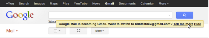 Darstellung der Nachricht das googlemail jetzt gmail ist in einem Gmail Account.