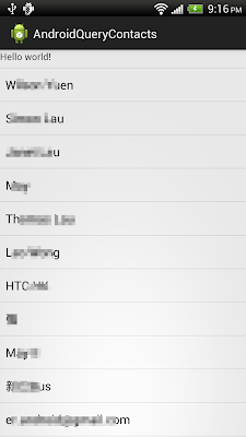 Query Contacts database, display in ListView.