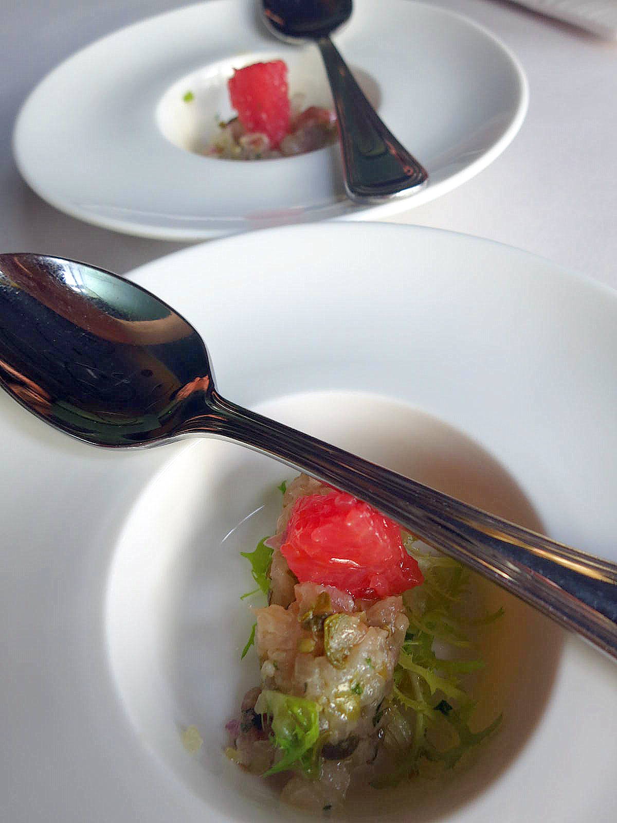 or swordfish carpaccio with watermelon, dainty & delicate.