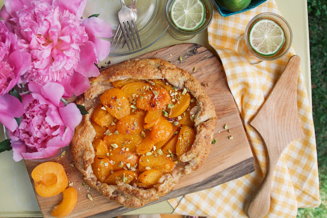 Apricot Galette with Cornmeal Crust, Art in the Age cocktails & peonies
