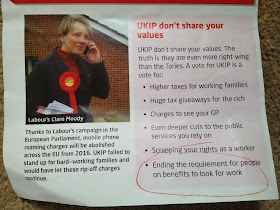 Labour election leaflet, picture of a young woman on a mobile. Text on roaming charges and various attacks on UKIP policy - see below for further details