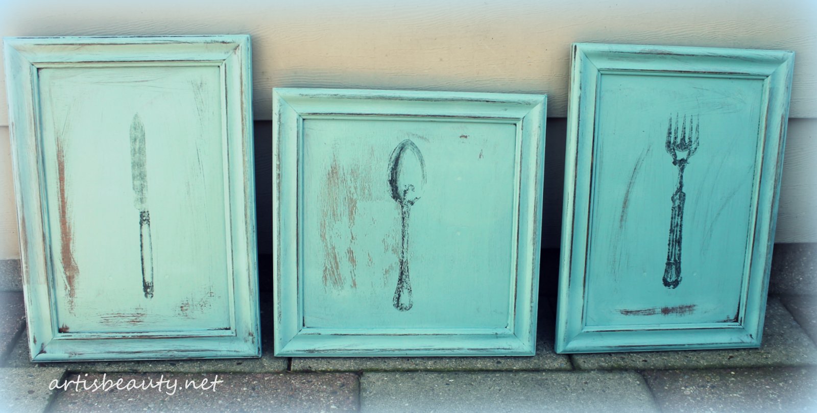 ART IS BEAUTY vintage Kitchen wall art. Roadside rescue cupboard doors, chalk paint and freezer
