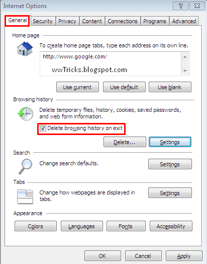 IE - Settings to delete browsing history automatically