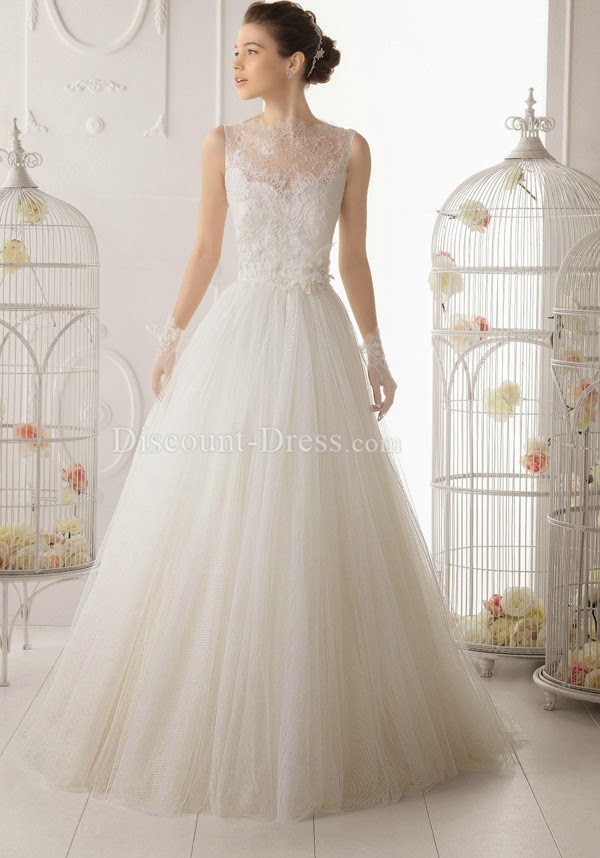 Tulle & Lace Bateau Neck A line Floor Length Sleeveless Illusion Back Wedding Dress