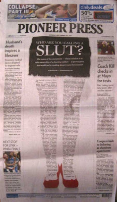 Pioneer Press front page with large artwork at center of a woman's lower body wearing a miniskirt and red pumps, her legs are made from the text of the story