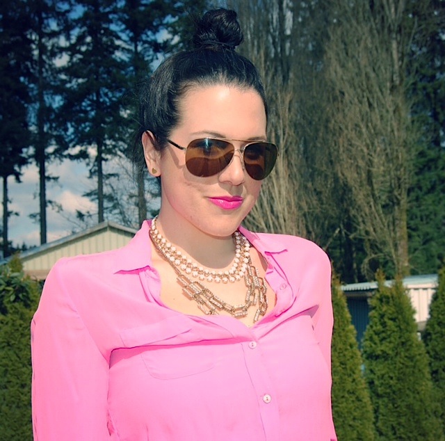 Joe Fresh pink silk blouse and Forever 21 chain and bead necklaces.