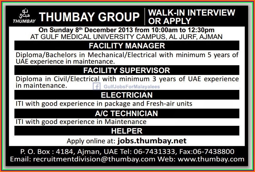 Walk In Interview For Ajman Gulf Jobs for Malayalees