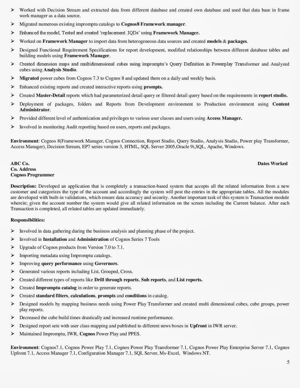 Sample resume for cognos administrator