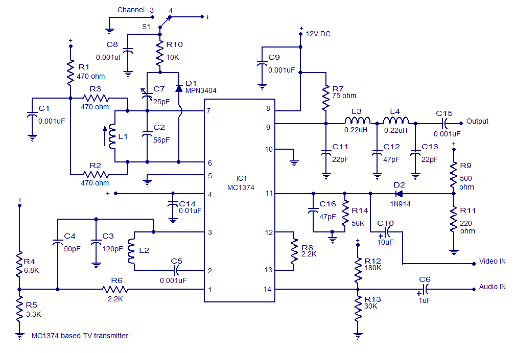 TV transmitter circuit IC MC374 Filling diagram