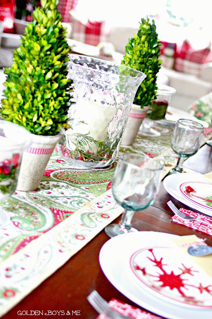 Preserved boxwood topiaries as centerpiece on Christmas tables cape-www.goldenboysandme.com