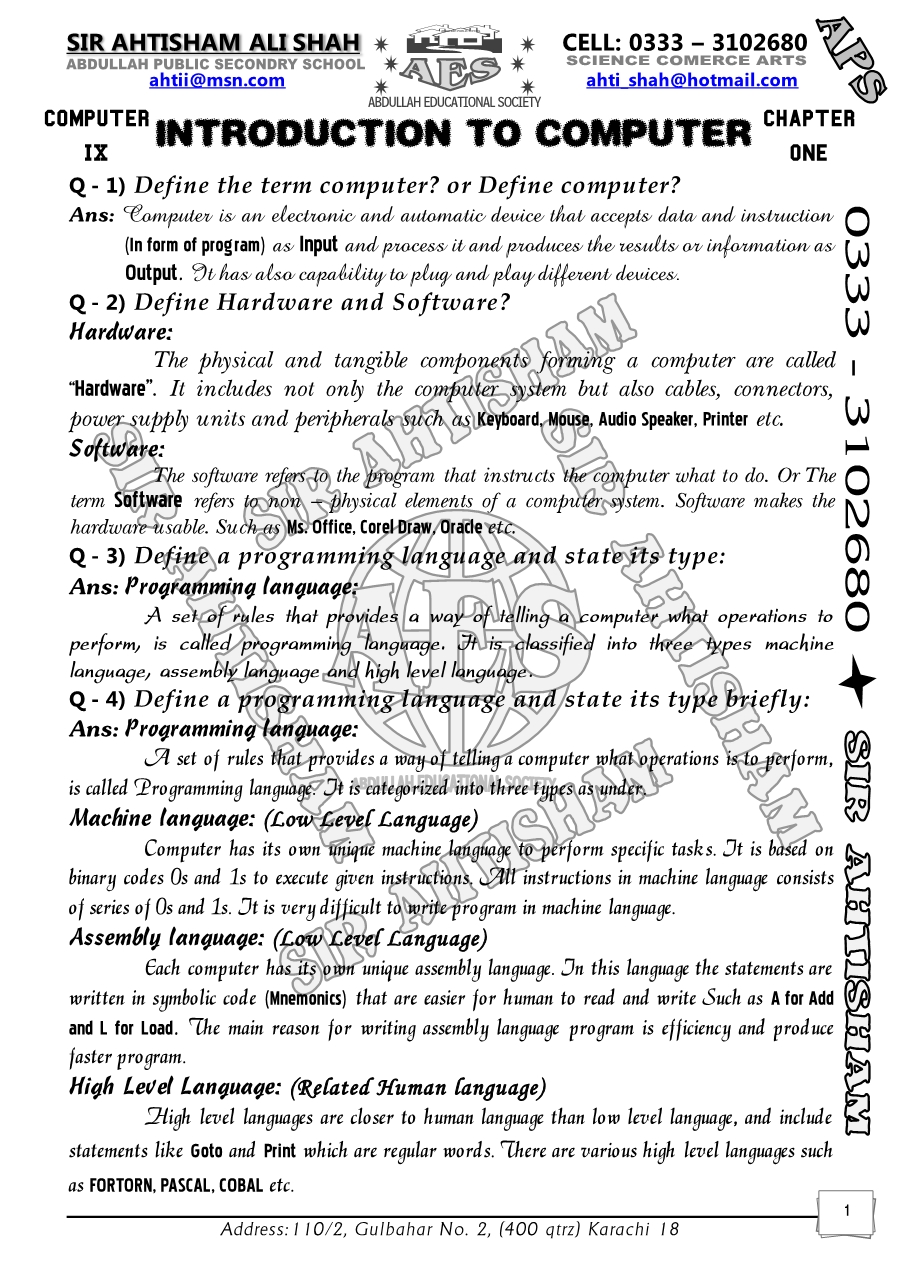 Notes Class 9 Science Karachi