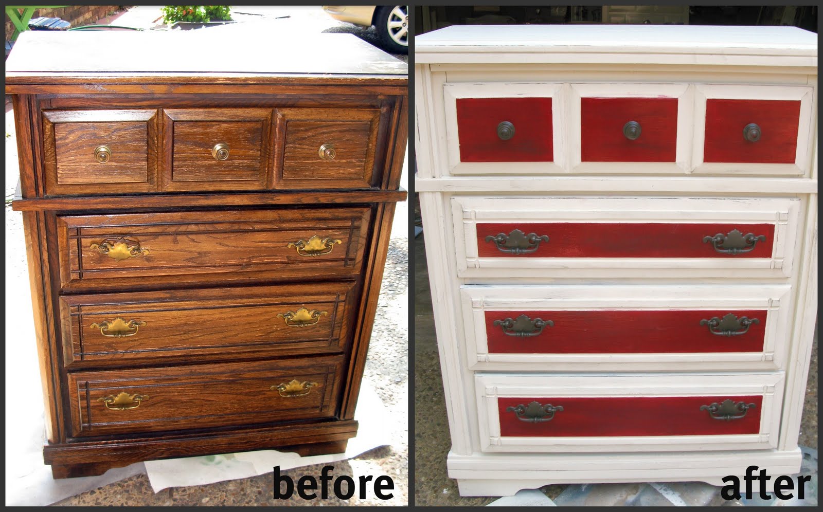 Tattered and Inked Red and White Distressed Dresser Makeover