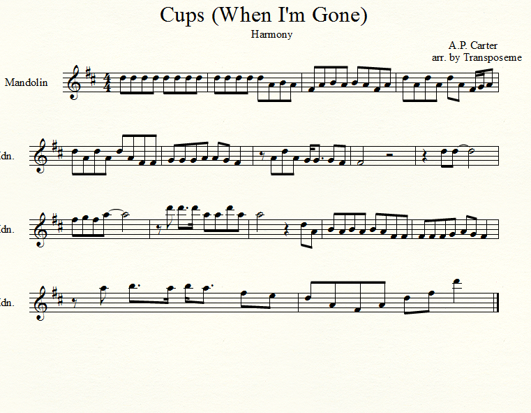 Musical Mania Cups (When I'm Gone) by A.P. Carter Sheet Music for Mandolin and Violin Duet