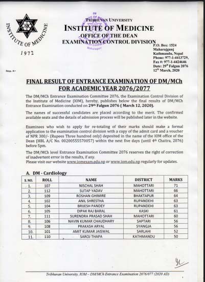 IOM DM/MCH Entrance Exam Result