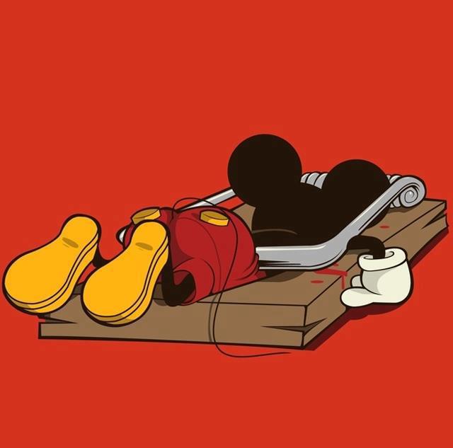 cartoon mouse wearing pants and shoes lying in mouse trap