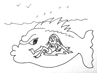 Black line cartoon of Jonah inside angry looking fish