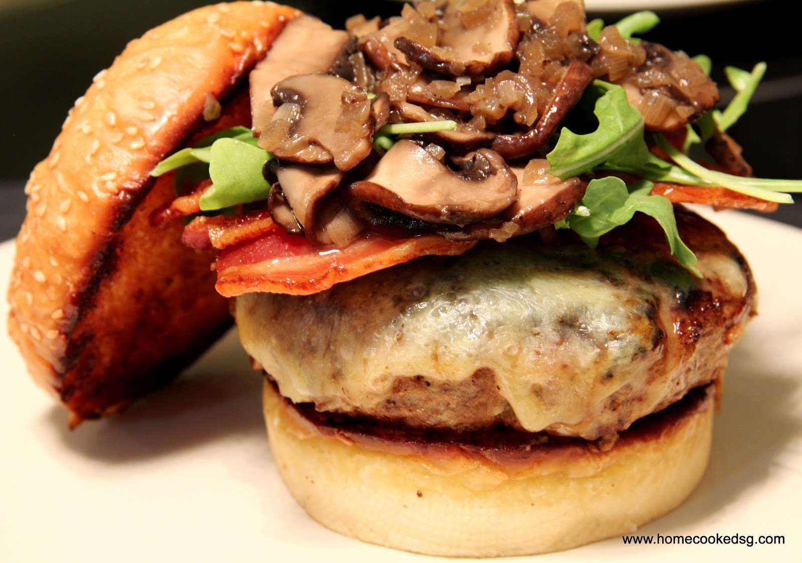 Home Cooked Grub Homemade Burger with Portobello and Bacon