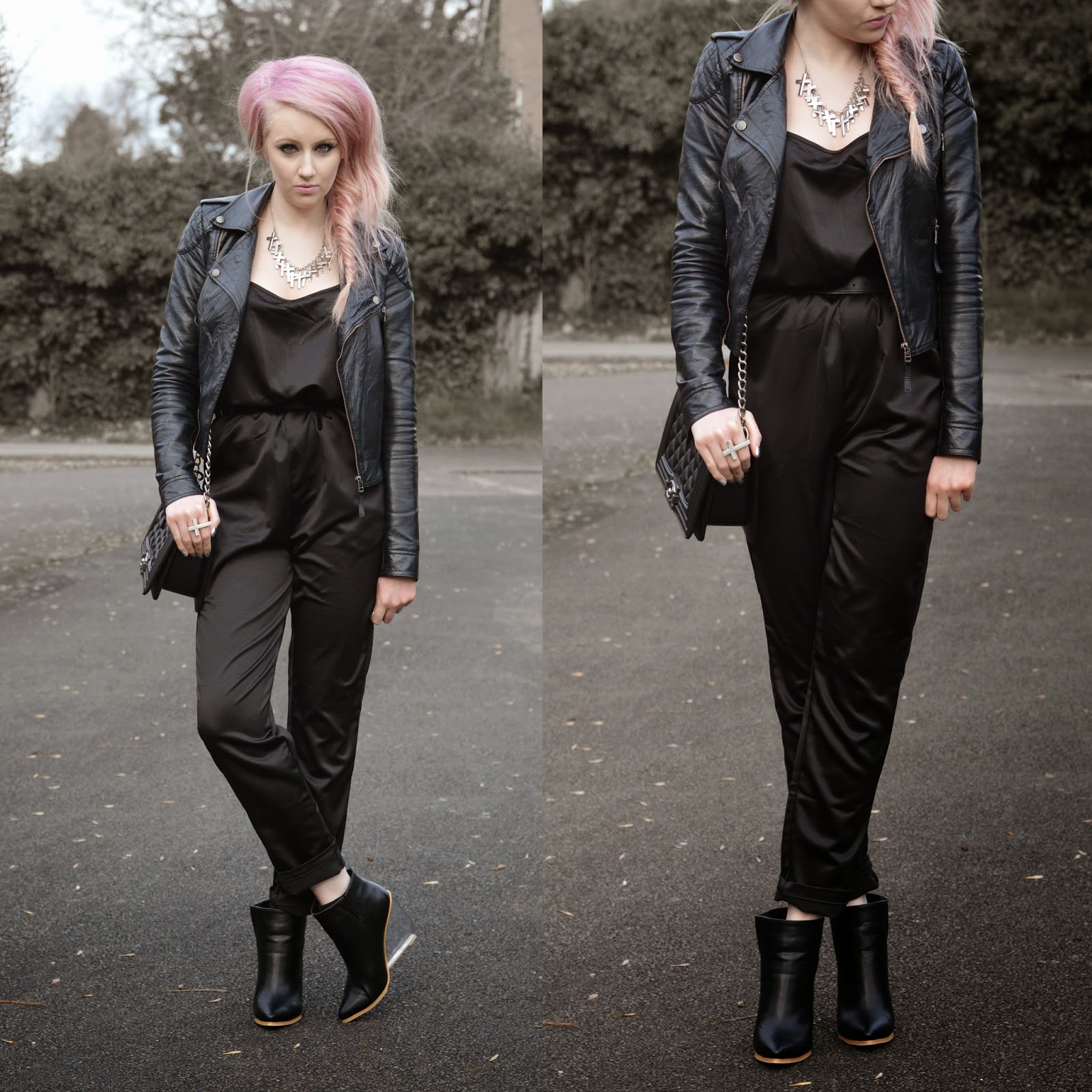black jumpsuit with wedges