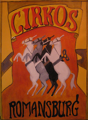 This painting is based on a graphic from The Longest Journey and shows a steampunk collection of horses at a Eastern Bloc country's version of a circus.  It was painted with acrylic and ink by Ted Puffer.
