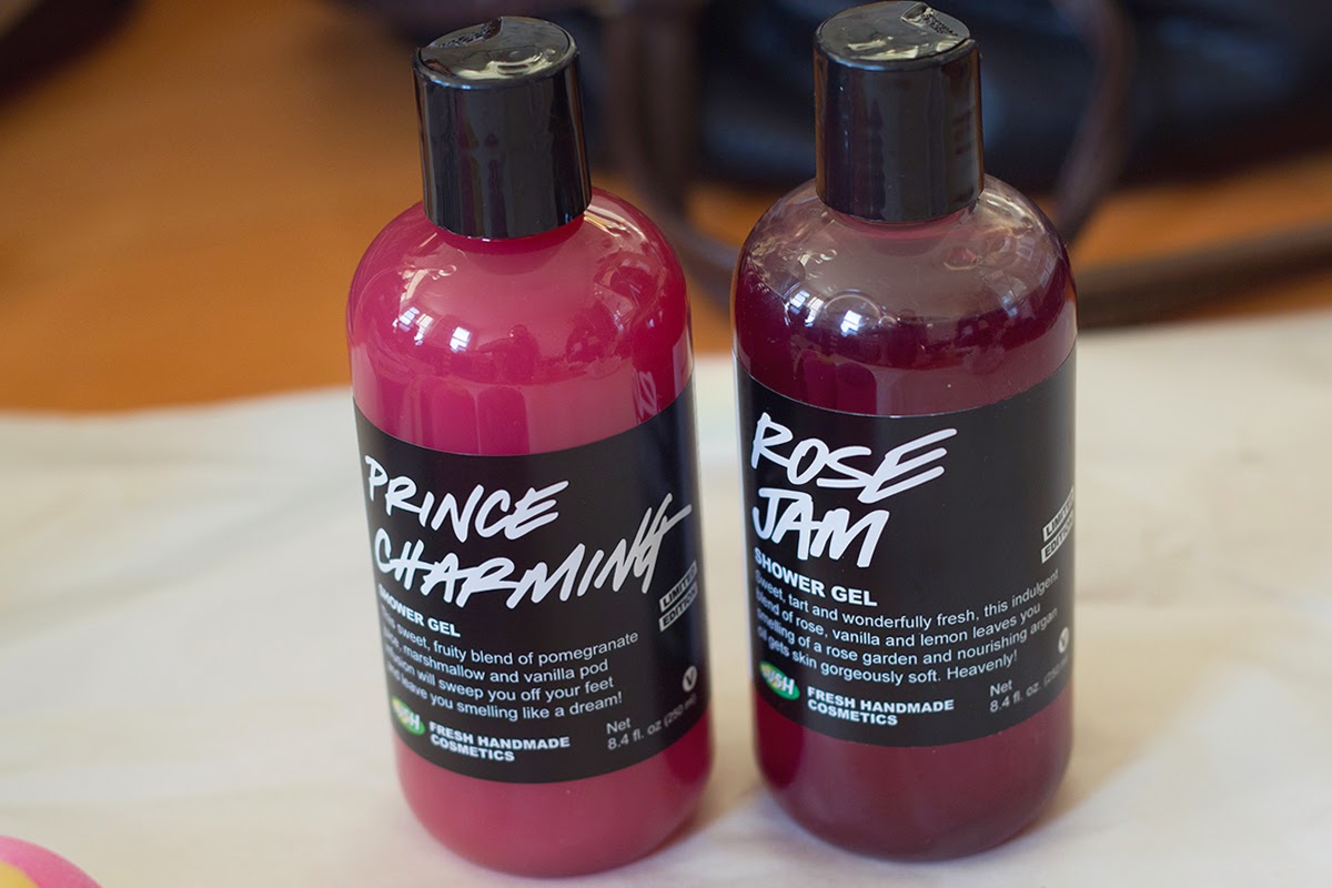 lush prince charming and rose jam shower gels