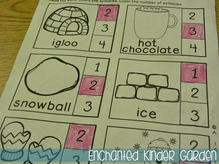 Sometimes Teacher-Authors who have stores on Teachers Pay Teachers get to swap products to test things out in their classrooms -- we like to call this Trade and Grade! This blog post is all about how I was able to try two kindergarten or primary grades resources created by Elyse from for Apples. Click through to read about her fantastic task cards and Winter Print-and-Go literacy resource! This is a photograph of a kindergarten syllables resource.