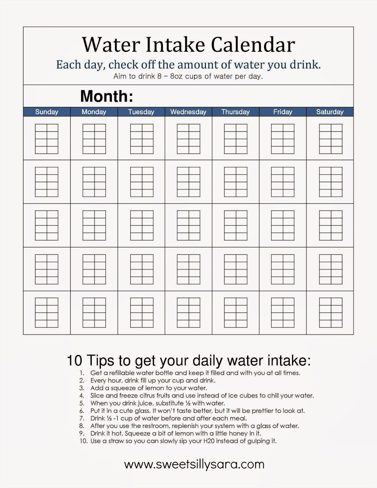 Sweet Silly Sara Water Intake Printable