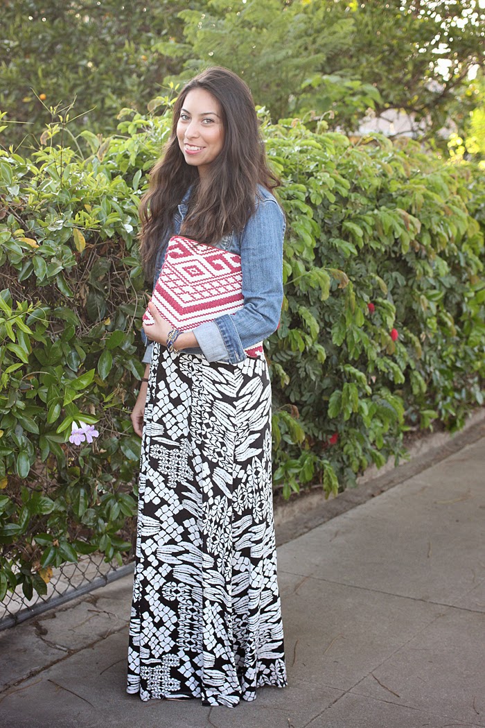 tribal maxi, jean jacket, embroidered clutch, rocksbox jewelry