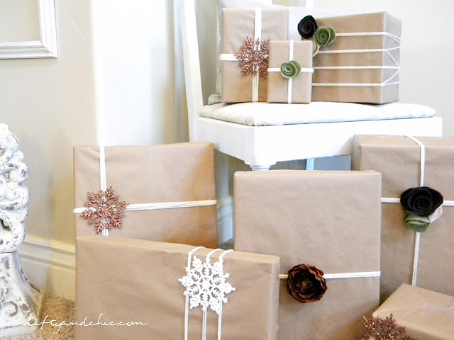 neutrally wrapped presents with kraft paper and yarn