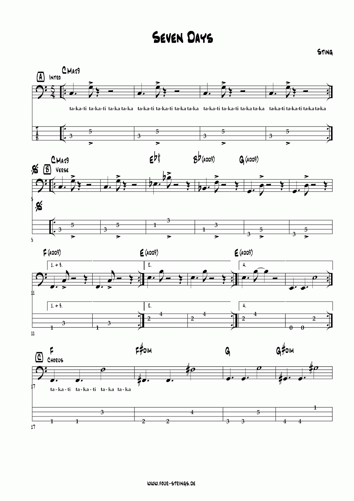 four strings basslessons weekly basslines 42 seven days sting sting seven days sheet music