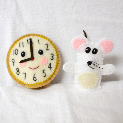 Hickory Dickory Dock felt finger puppets handmade by Joanne Rich.