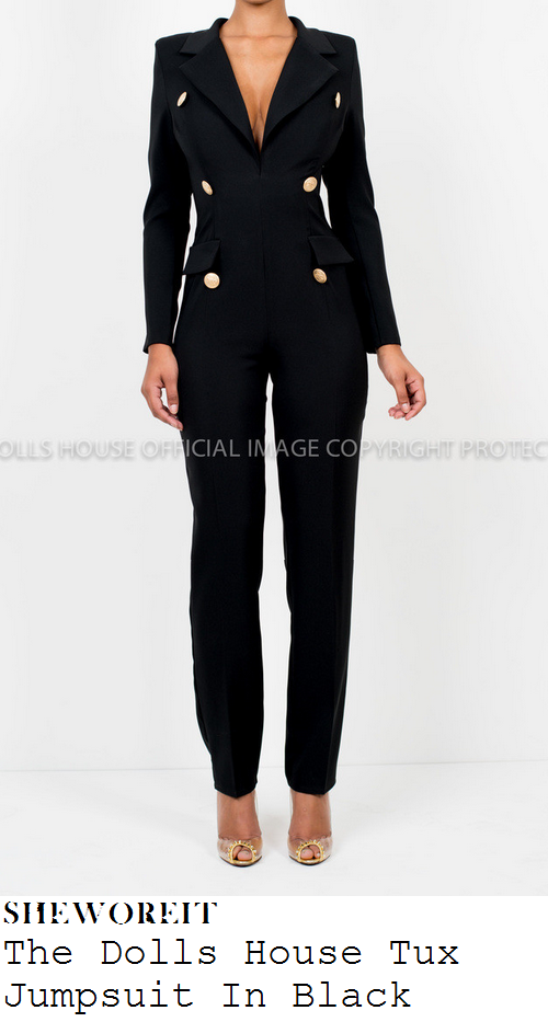 sam-faiers-black-deep-v-neckline-plunge-front-tailored-slim-leg-long-sleeve-tuxedo-jumpsuit-with-gold-buttons-lgbt-awards