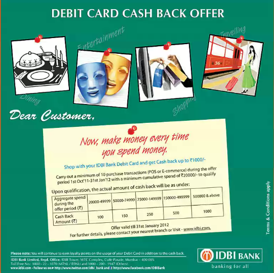 IDBI Bank Cash Back Offer