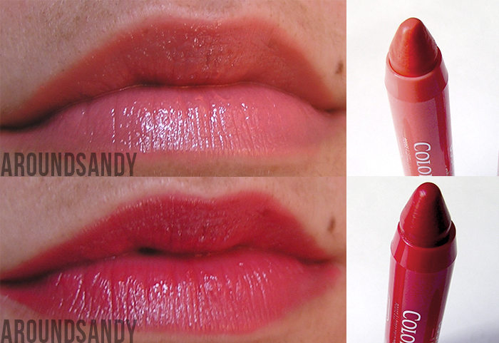 Lip swatches Bourjois - Color Boost 01 Red Sunrise y 04 Peach on the Beach