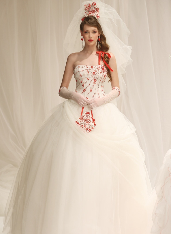 wedding gown with red accents
