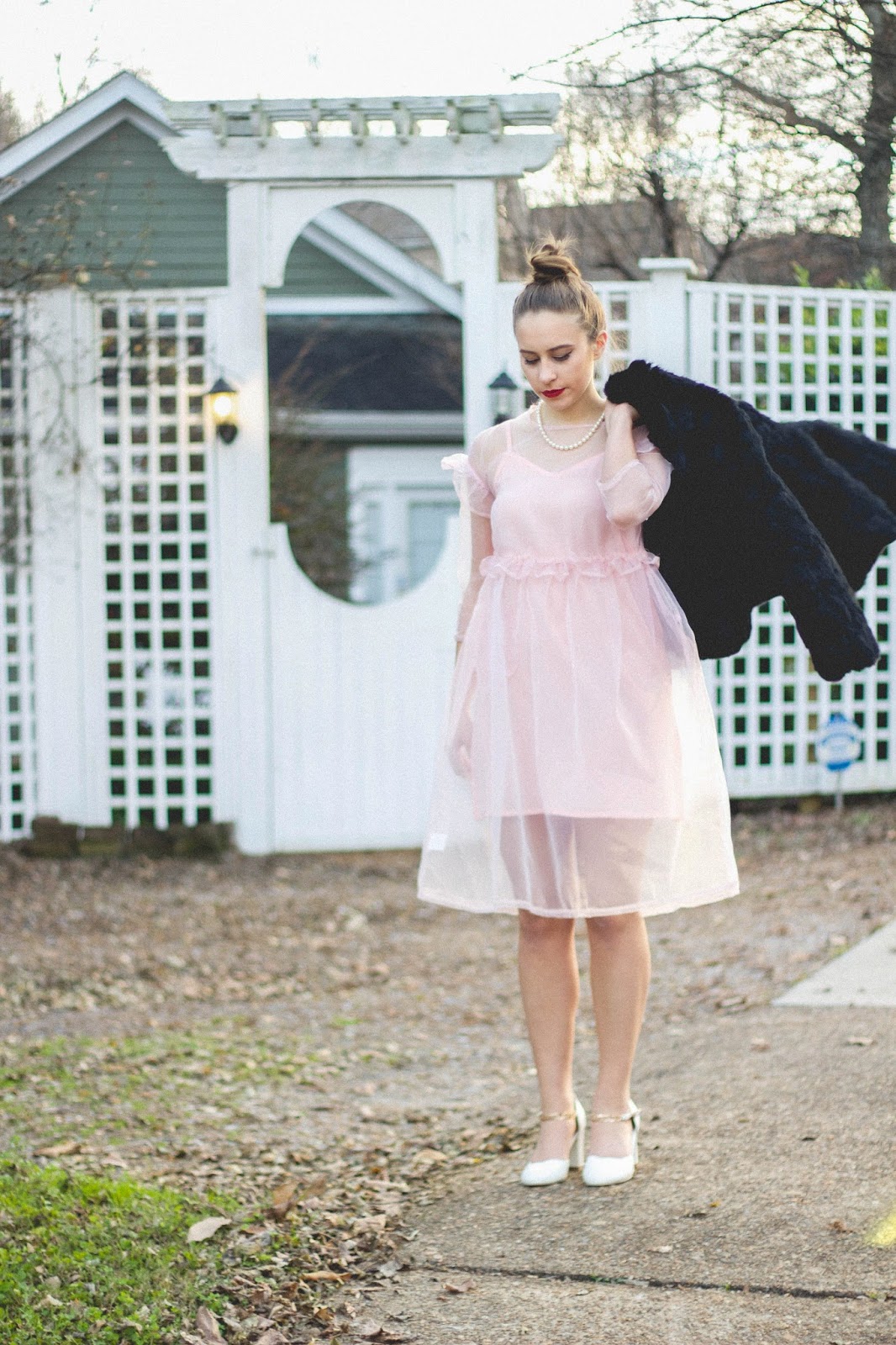 vintage, vintage style, vintage outfit, the white pepper dress, pink chiffon dress, fur coat, pearls, hollywood regency, 60's style, whimsical, dreamy outfit, outfit, classic style, old hollywood outfit, glamorous, holiday party outfit, girly things , dreamer,