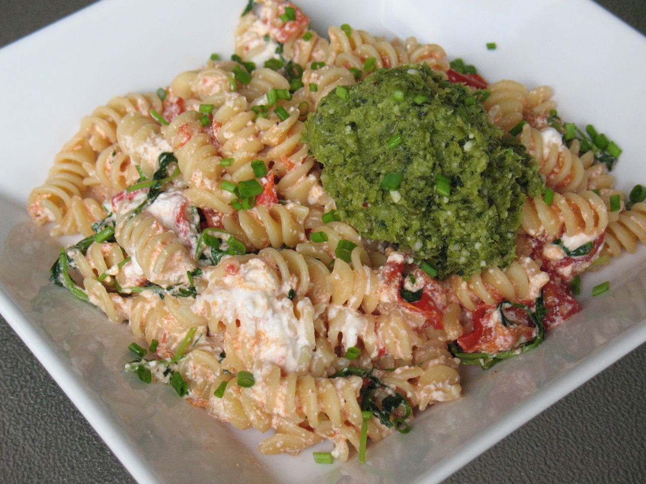 Cook In / Dine Out Pasta with Roasted Garlic Scape Pesto, Tomatoes and