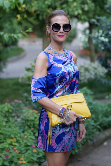 satin mini dress, Rebecca Minkoff yellow bag, paisley dress, Fashion and Cookies, fashion blogger