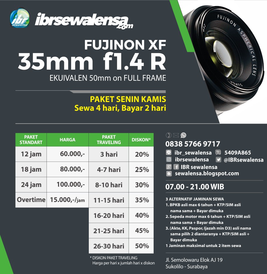 FUJINON XF 35mm f1.4 R SEWA KAMERA RENTAL LENSA  IBR sewa lensa surabaya