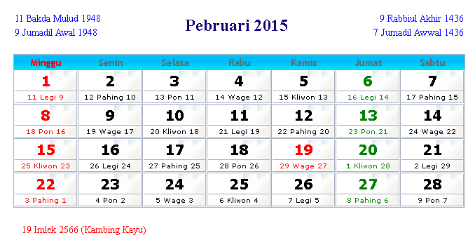 Kalender Februari 2015 Kalender Februari 2015