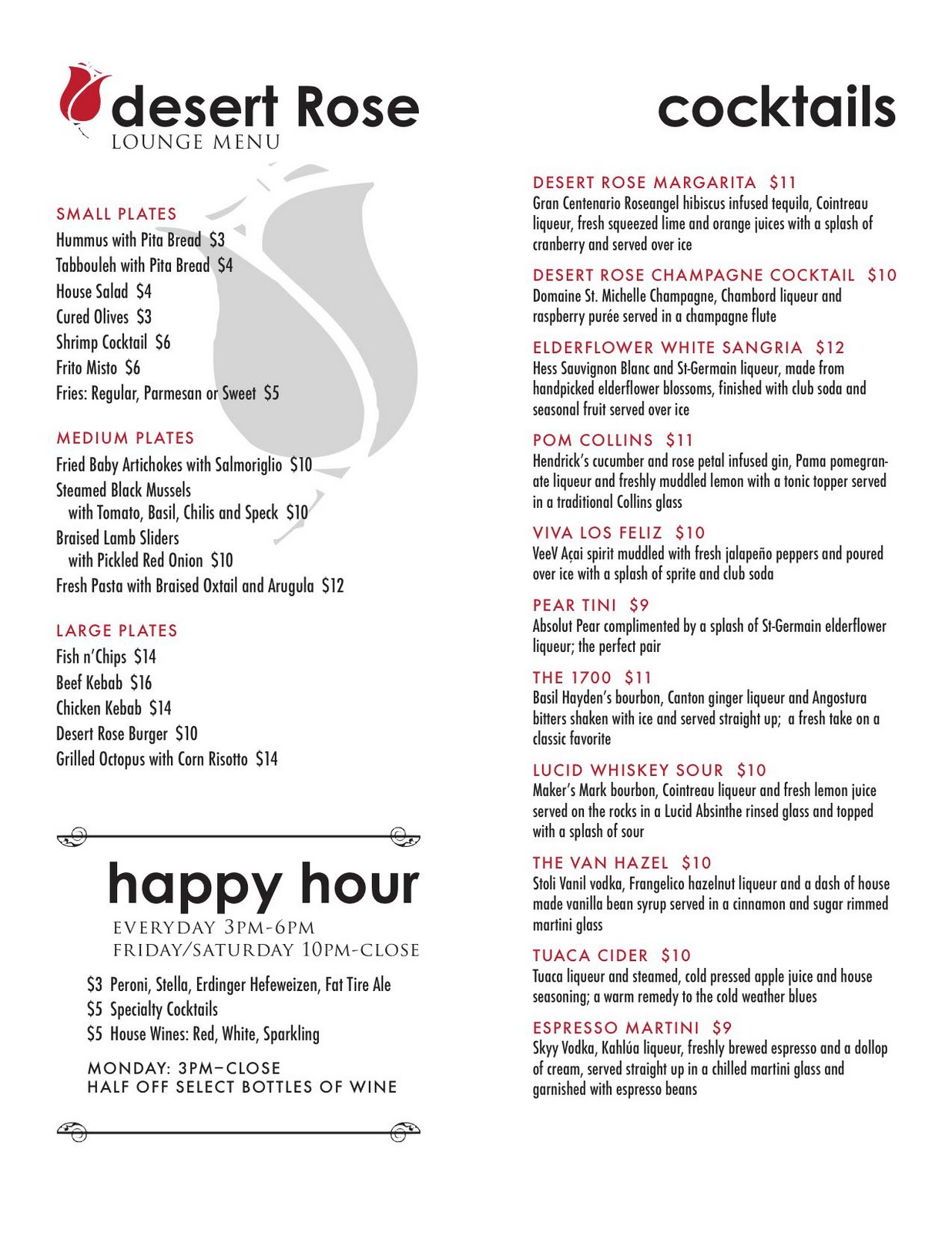 desert Rose Restaurant desert Rose Lounge Menu and Cocktails