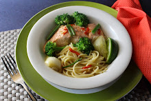 Salmon Poached with Spring Onion on Pasta