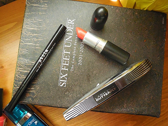 stila stay all day liner, mac dreaming dahlia, loreal butterfly mascara, april beauty favorites, six feet under