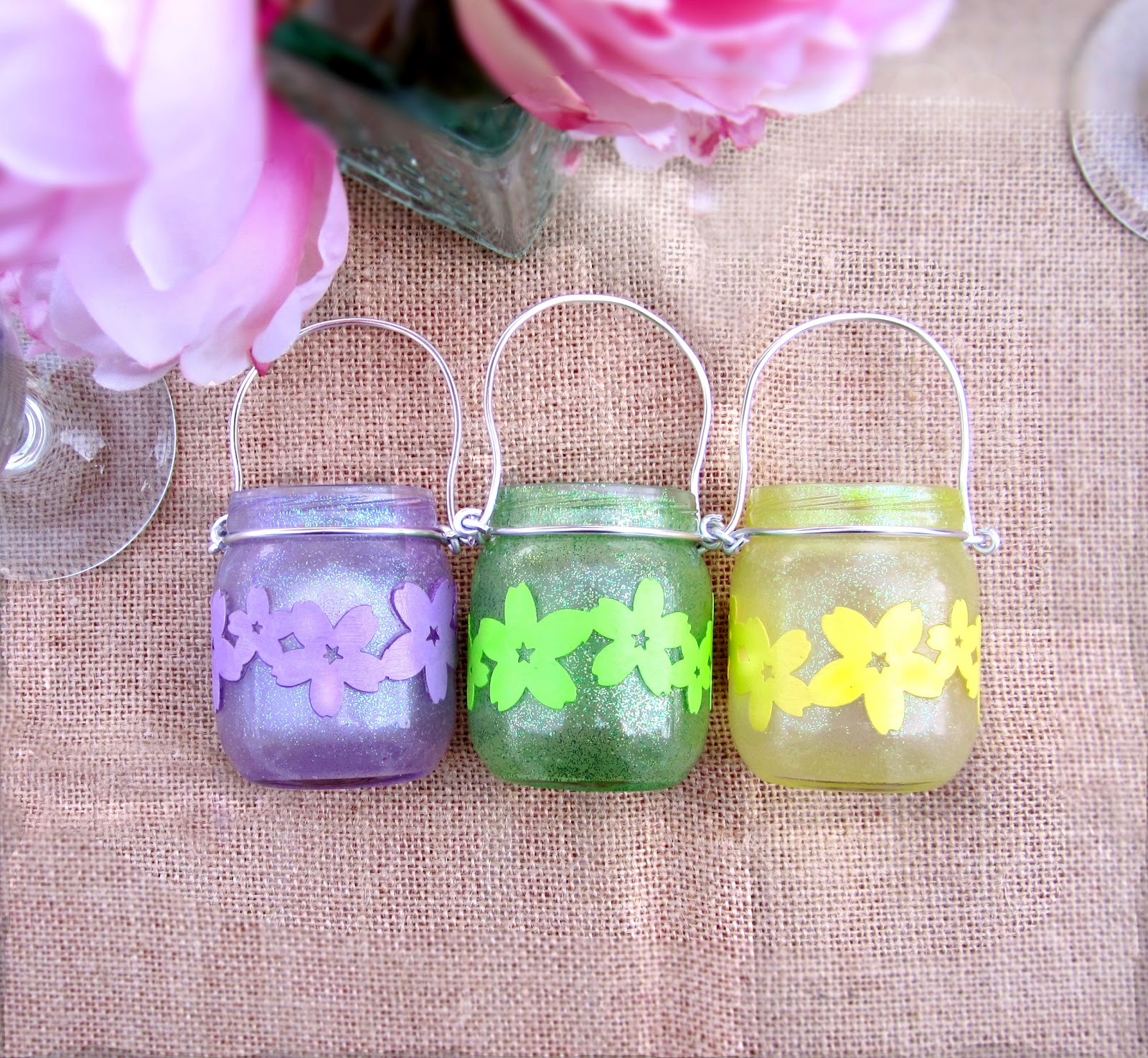 365 Designs: MINI MASON JAR TEA LIGHT CANDLE HOLDERS with glitter paint and  cherry blossom trim decoupage