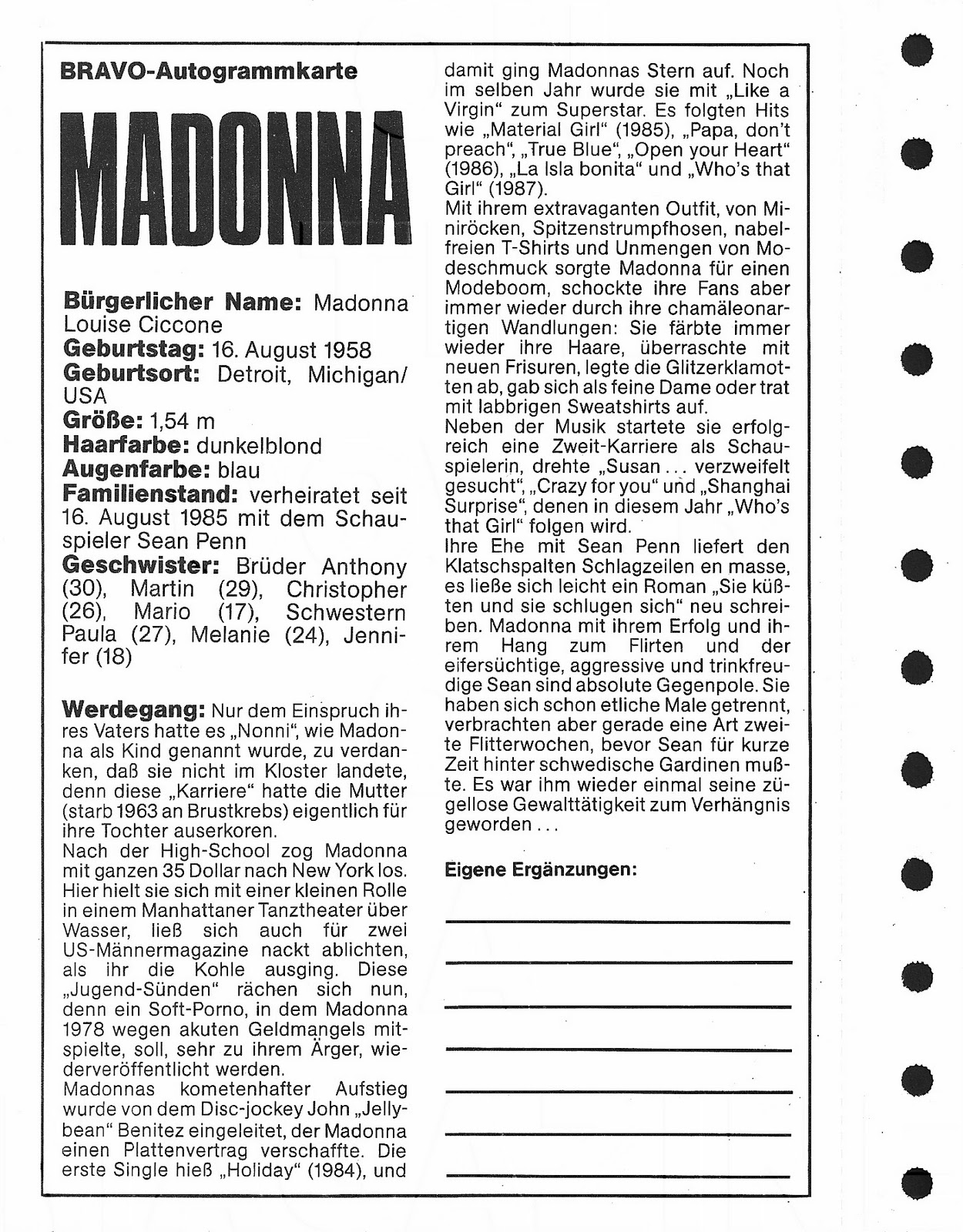 Madonna On The Cover Of A Magazine Otcoam Rare Madonna Photos Best Madonna Photos Bravo Germany 1987 Bio Card