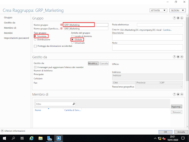 Centro di amministrazione di Active Directory, Crea Raggruppa Centro di amministrazione di Active Directory, Crea Raggruppa