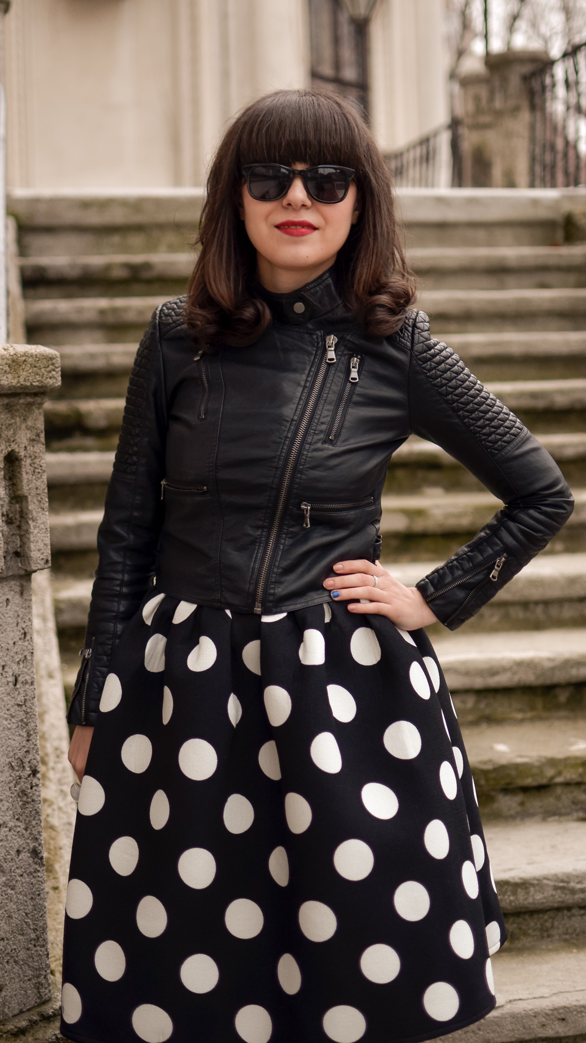 big polka dots puffed up skirt sheinside rock leather jacket burgundy boots black & white cats t-shirt spring new yorker