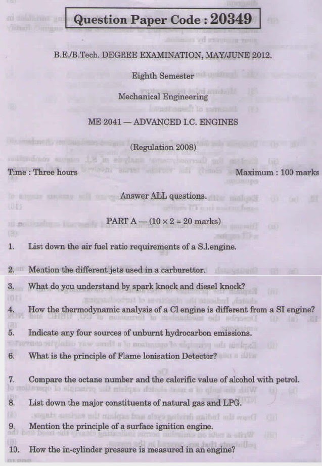 Internal Combustion Engines 2012-2013 BE Mechanical Engineering Semester 6  (TE Third Year) Old question paper with PDF download