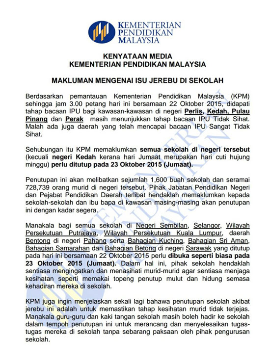 Senarai Sekolah Tutup 23 Oktober 2015 Senarai Sekolah Tutup 23 Oktober 2015 Akibat Jerebu