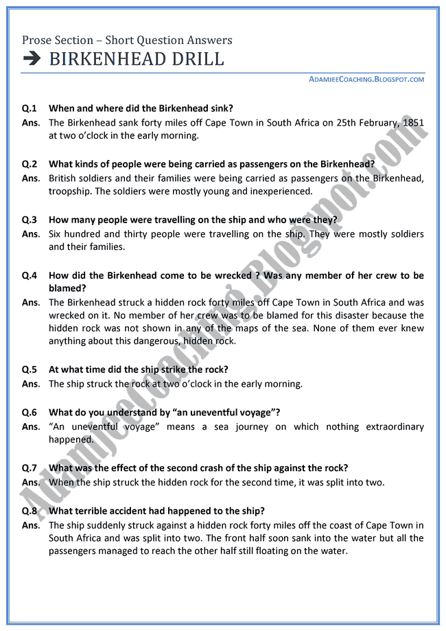 Adamjee Coaching English XI [Birkenhead Drill] Short Question Answers