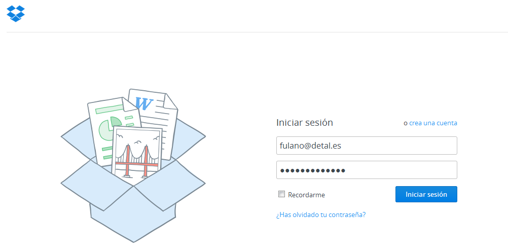 Pantalla de inicio de sesión Dropbox Iniciar sesión en Dropbox